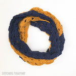 blue and gold crochet infinity scarf