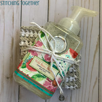 soap and striped crochet dishcloth