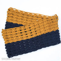 blue and gold crochet team scarf