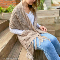 woman wearing crochet pocket shawl