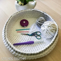 crochet bowl with crochet hooks and scissors 