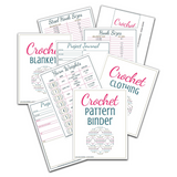 pages of the crochet pattern binder sprawled out