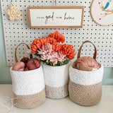 crochet baskets on a shelf