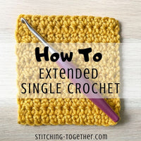 extended single crochet swatch with hook on top and text overlay