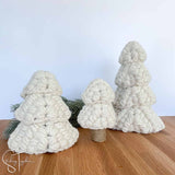 3 crochet Christmas Trees, one with a jute trunk